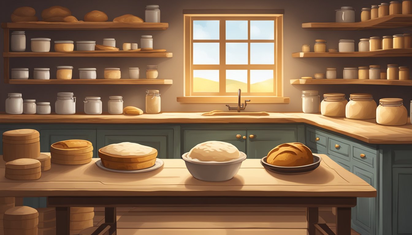 A rustic kitchen with a warm, golden glow from the oven, a wooden table covered in flour and dough, and shelves filled with jars of sourdough starter and freshly baked loaves