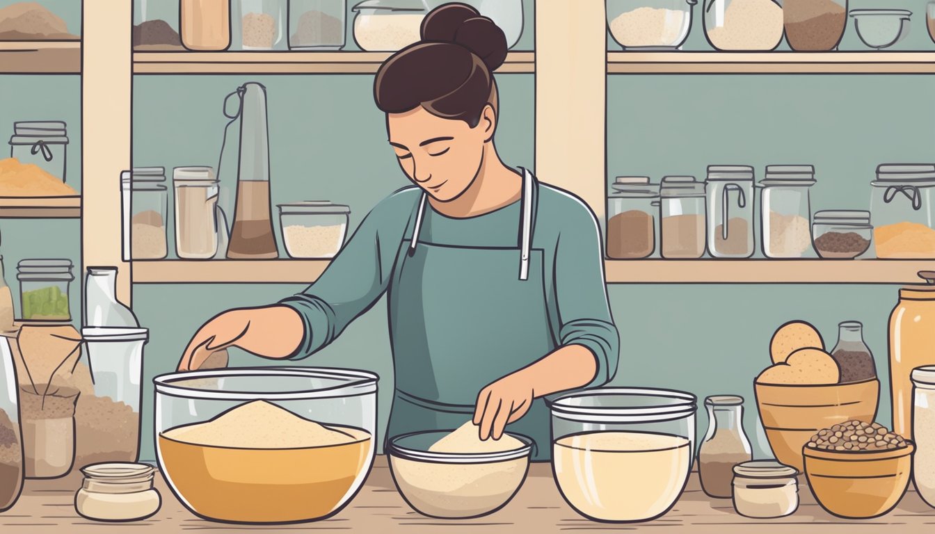 A person mixing gluten-free sourdough starter in a glass bowl, surrounded by various alternative flours and ingredients for special dietary needs