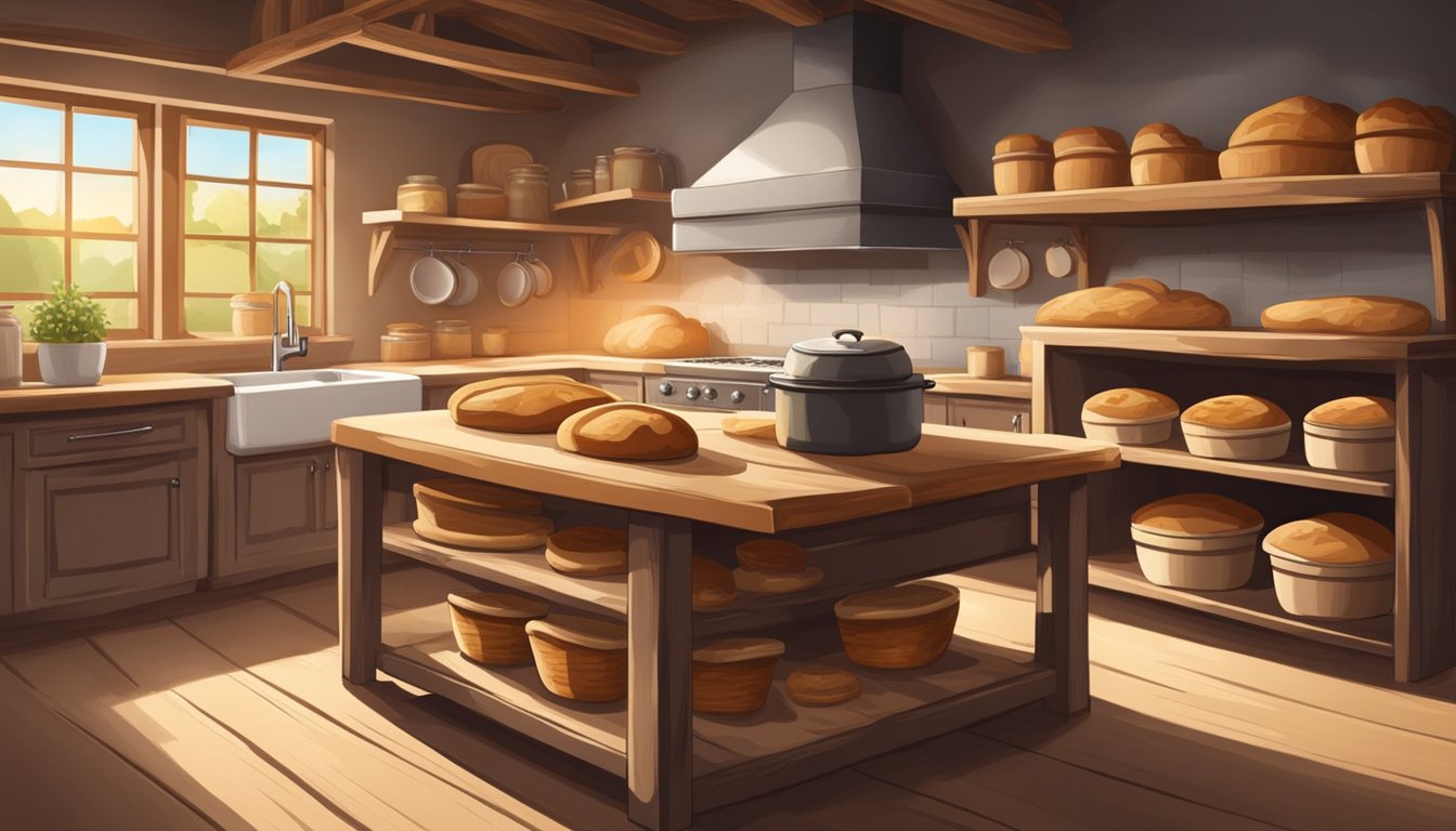 A rustic kitchen with a warm oven, shelves of flour and jars of sourdough starter, a wooden table with loaves of fresh-baked bread cooling