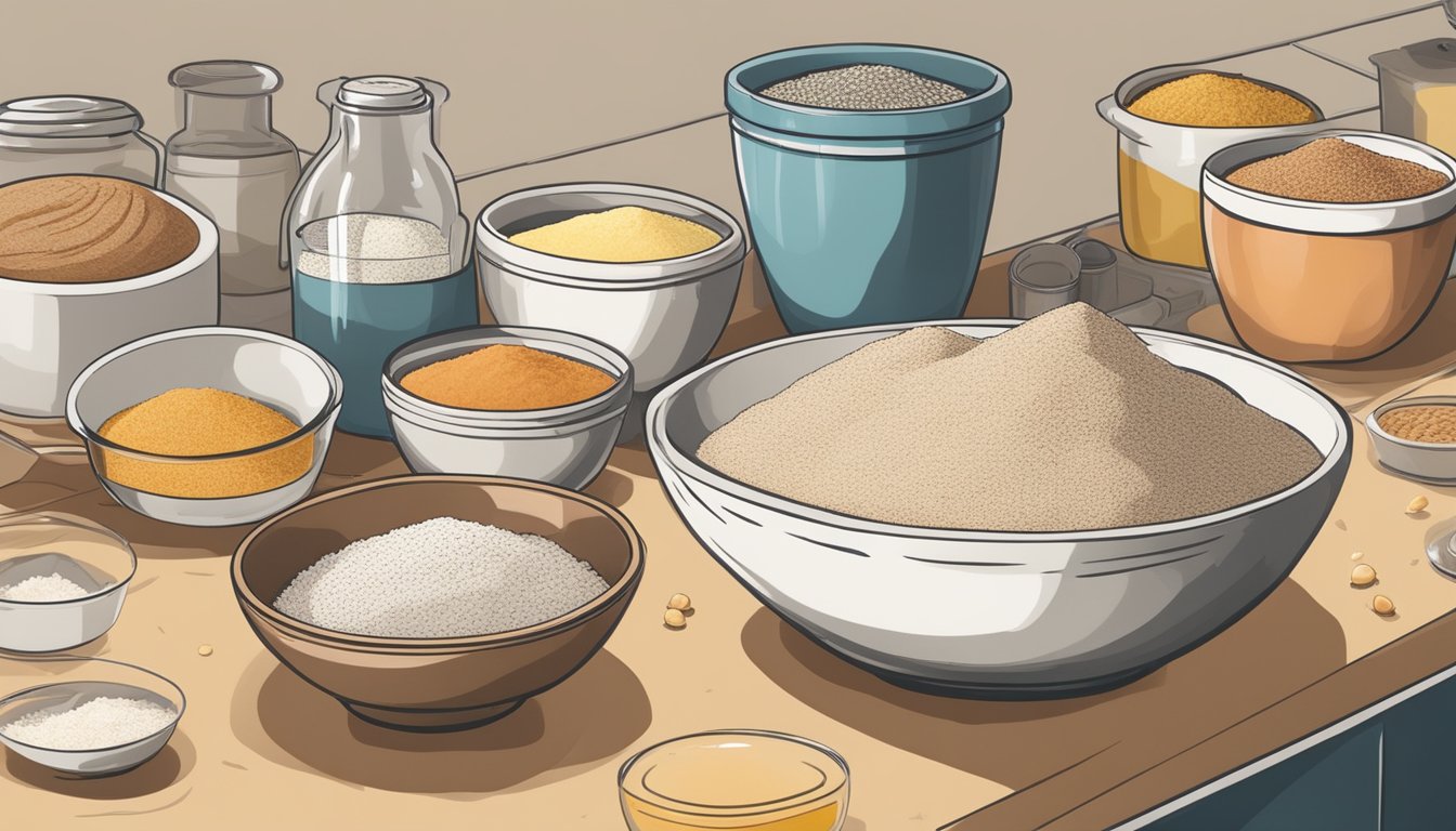 A colorful array of alternative flours and ingredients arranged on a kitchen counter, alongside a bowl of active sourdough starter