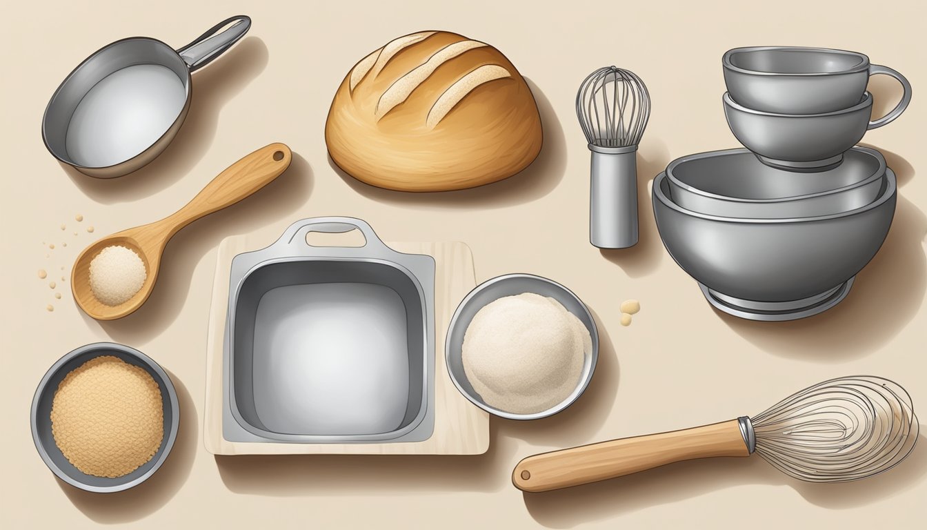 A kitchen counter with various baking tools and equipment for sourdough baking, including mixing bowls, measuring cups, a dough scraper, and a proofing basket