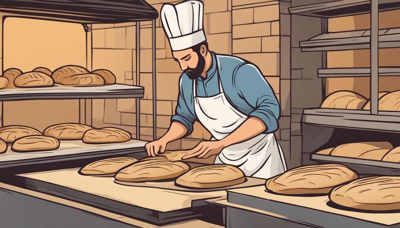 A baker expertly scoring sourdough loaves before sliding them into a blazing hot oven