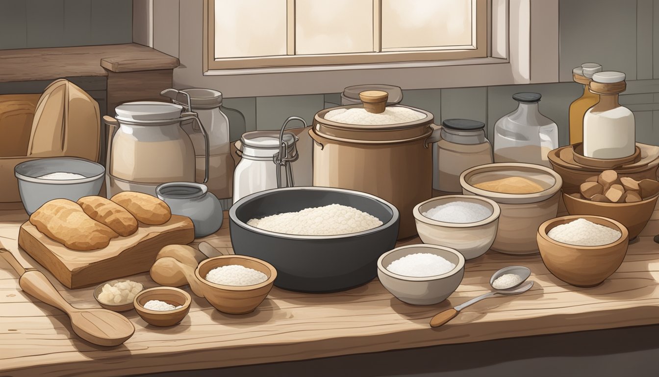 A rustic kitchen with various ingredients and utensils laid out for sourdough baking, including a starter, flour, water, and a mixing bowl