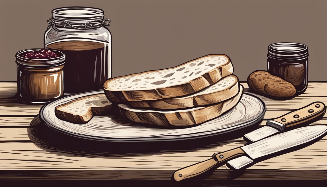 A rustic wooden table set with a freshly baked loaf of sourdough bread, a jar of homemade jam, and a vintage knife