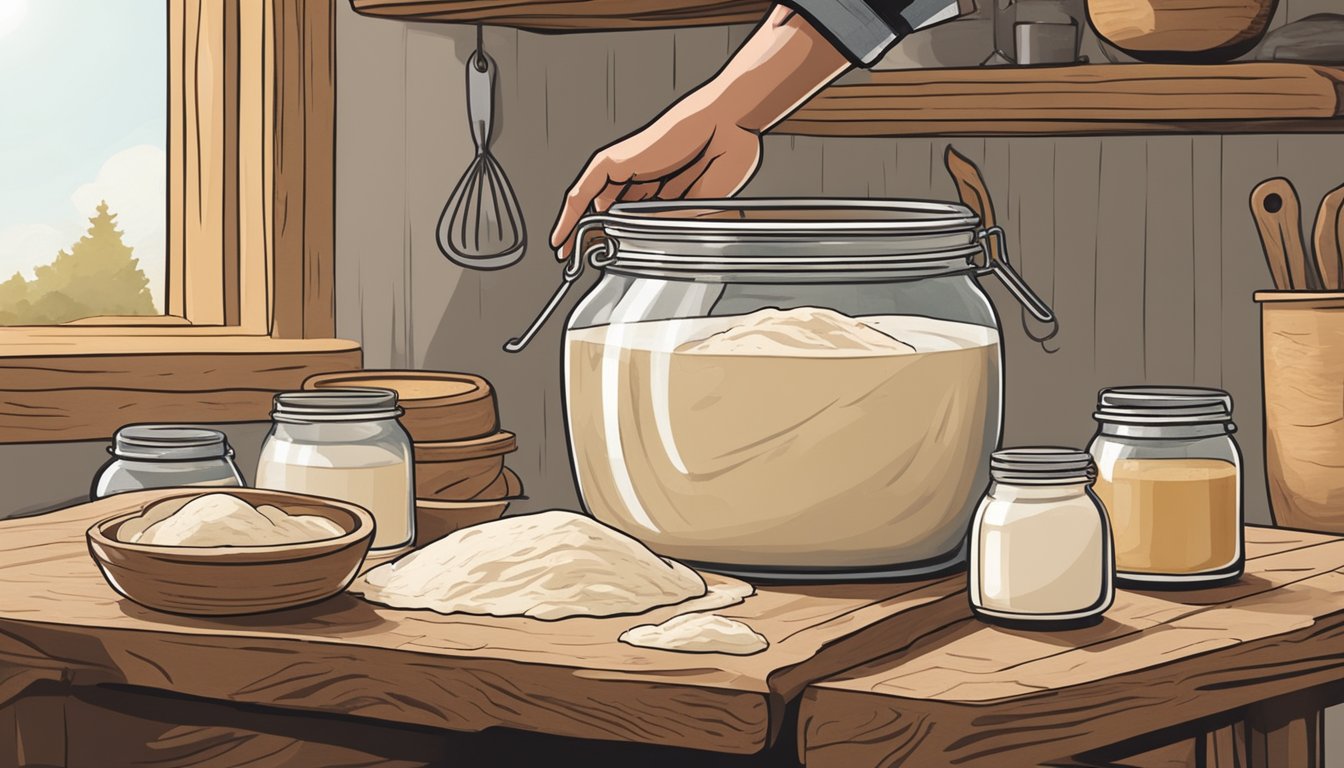 A pair of hands kneading dough in a rustic kitchen, surrounded by jars of fermenting sourdough starter and a wooden cutting board