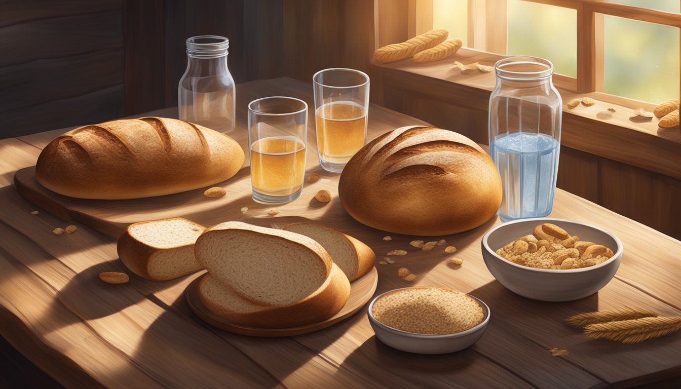 A rustic wooden table with various sourdough loaves, crumbs scattered, and a few half-empty glasses of water. A warm, inviting atmosphere with natural light streaming through a nearby window