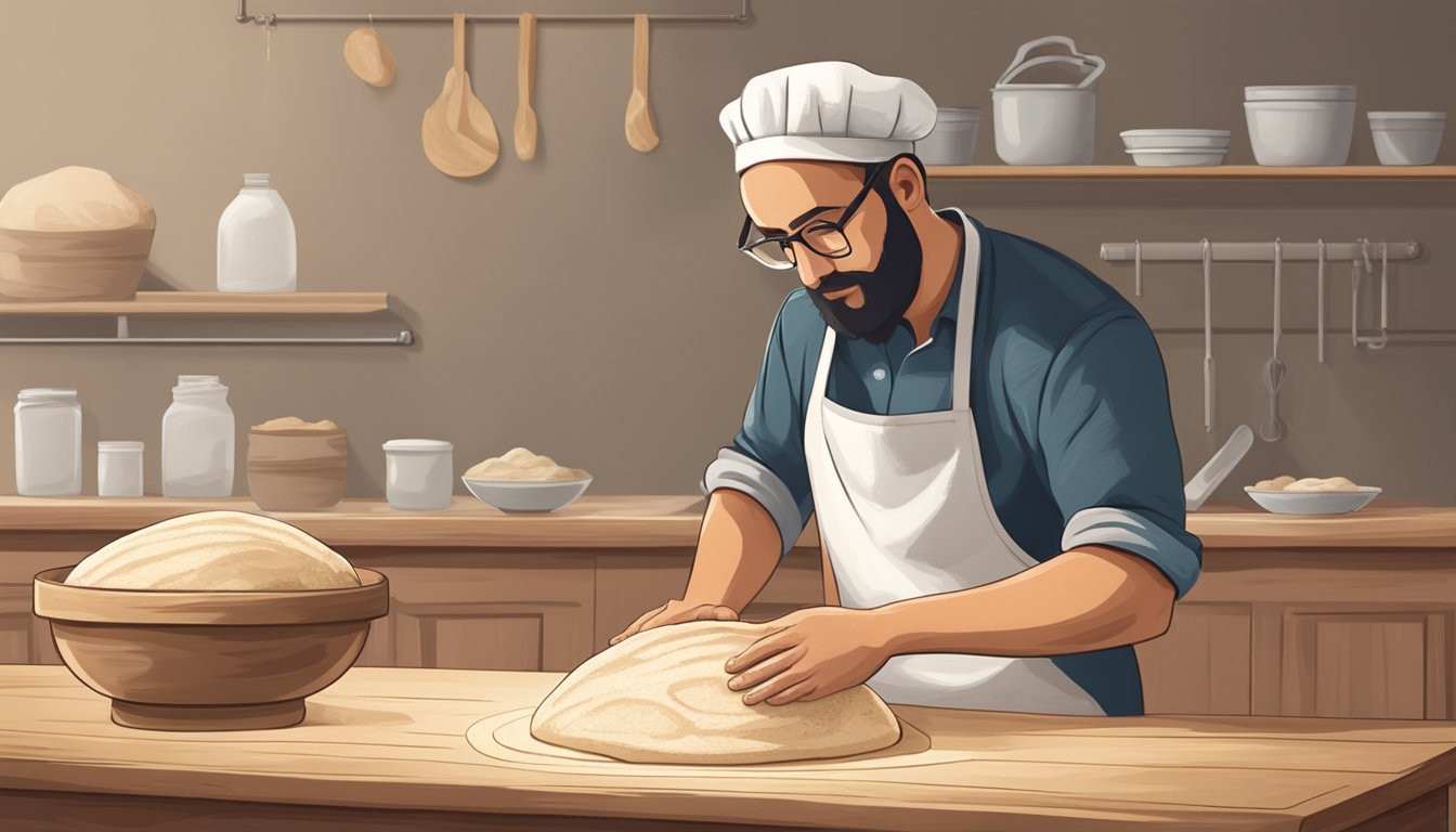 A baker shaping and proofing sourdough bread on a floured wooden surface with a bowl of dough and a cloth covering it