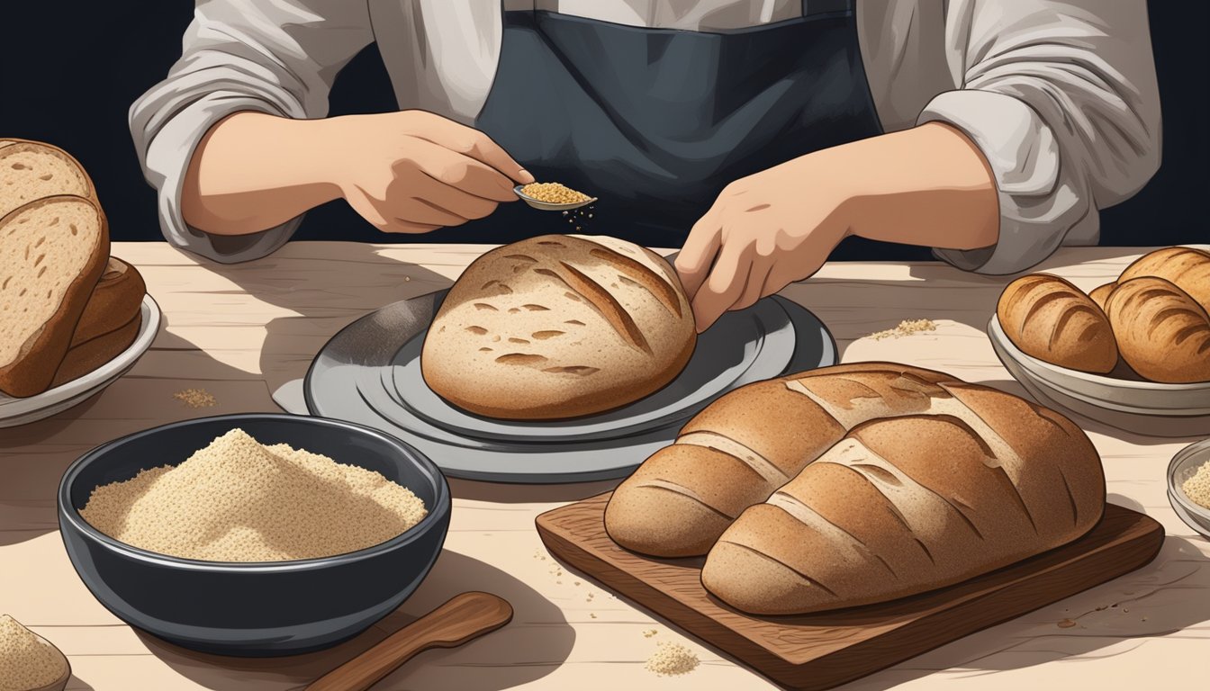 A table set with various types of sourdough bread, crumbs scattered, a person sniffing, tasting, and evaluating the texture and flavor