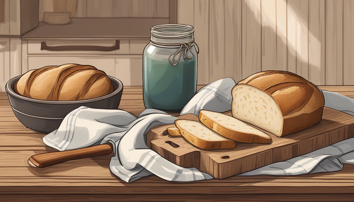 A rustic kitchen with a wooden cutting board holding a loaf of sourdough bread, a jar of starter, and a cloth covering. A knife sits nearby