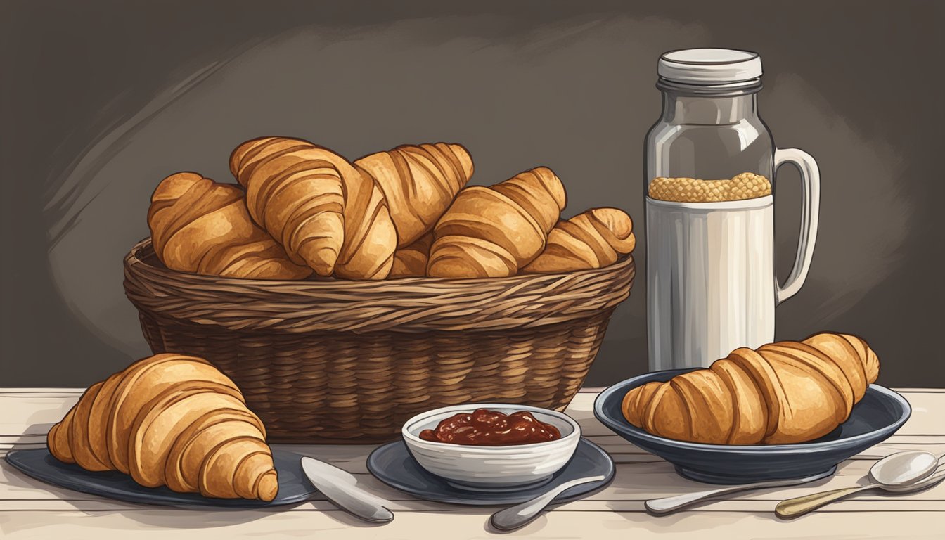 A rustic wooden table with a woven bread basket filled with golden sourdough croissants, next to a vintage ceramic platter and a small jar of homemade jam