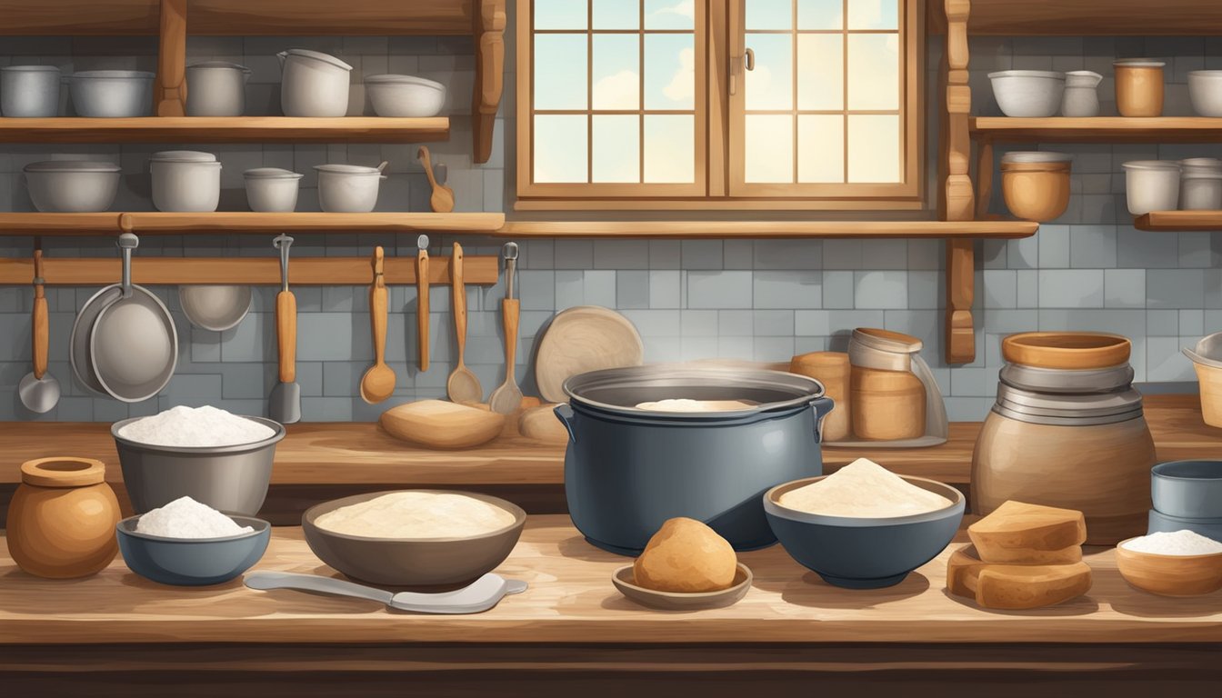 A rustic kitchen with various sourdough baking tools and ingredients, including a bubbling starter, flour, and mixing bowls from different cultures