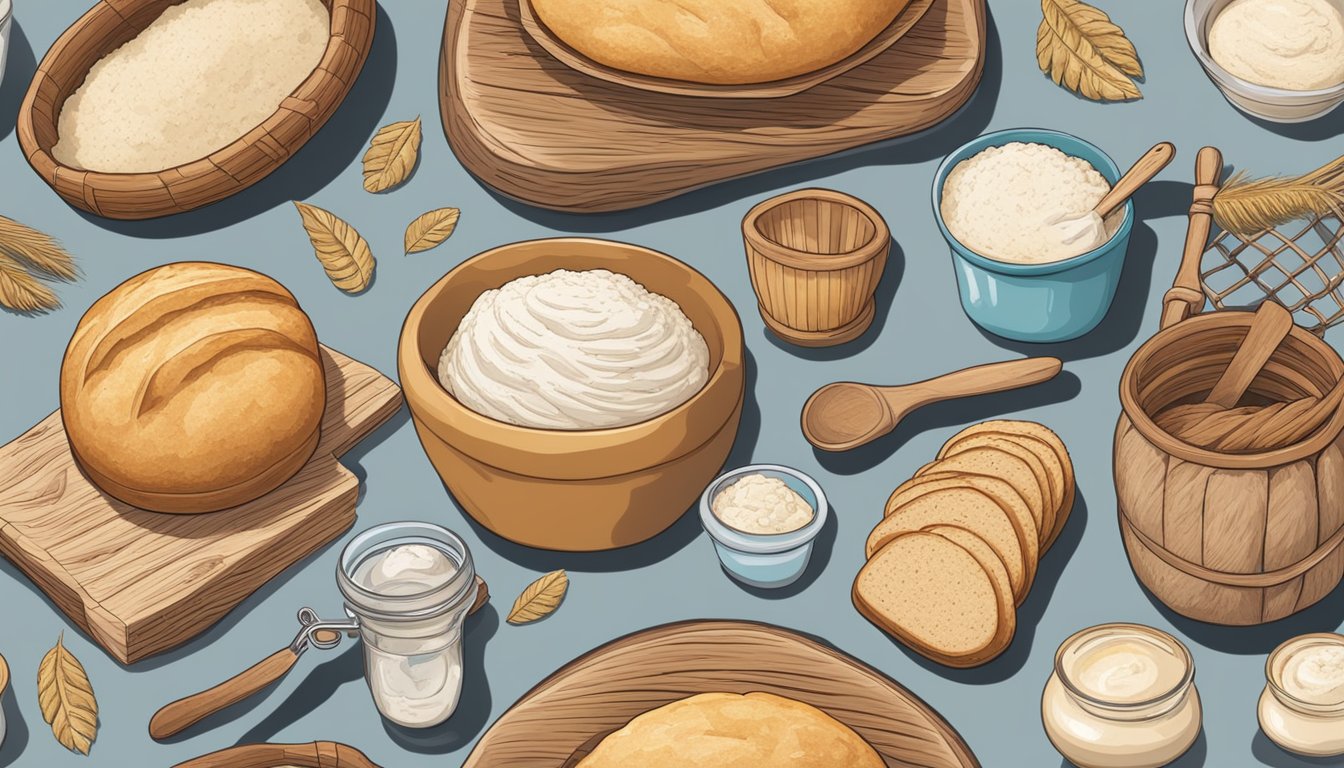 A table with various sourdough baking ingredients and tools from different cultures, such as flour, water, sourdough starter, and unique utensils