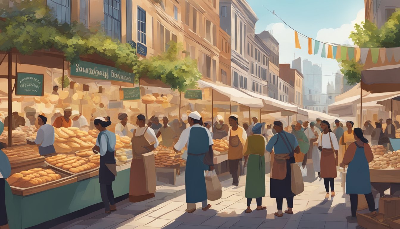 A bustling marketplace in a diverse city, with vendors from various cultures showcasing their unique sourdough baking techniques and ingredients