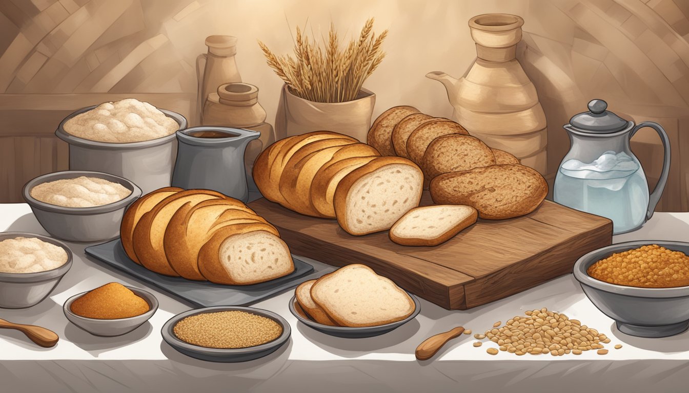 A table with various sourdough breads from different cultures, emitting steam and a rich, golden-brown crust, surrounded by ingredients like flour, water, and grains