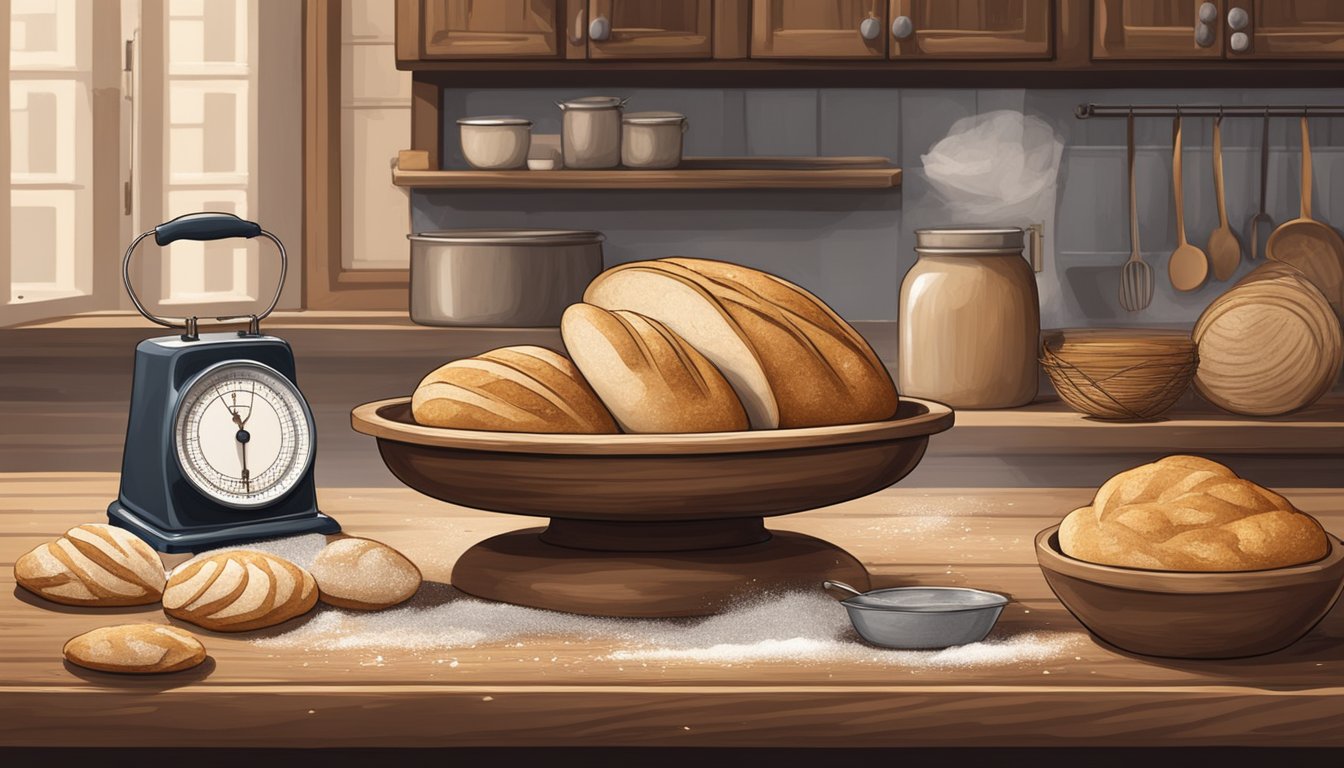 A rustic wooden table with freshly baked sourdough loaves cooling on a wire rack, surrounded by scattered flour and a vintage kitchen scale