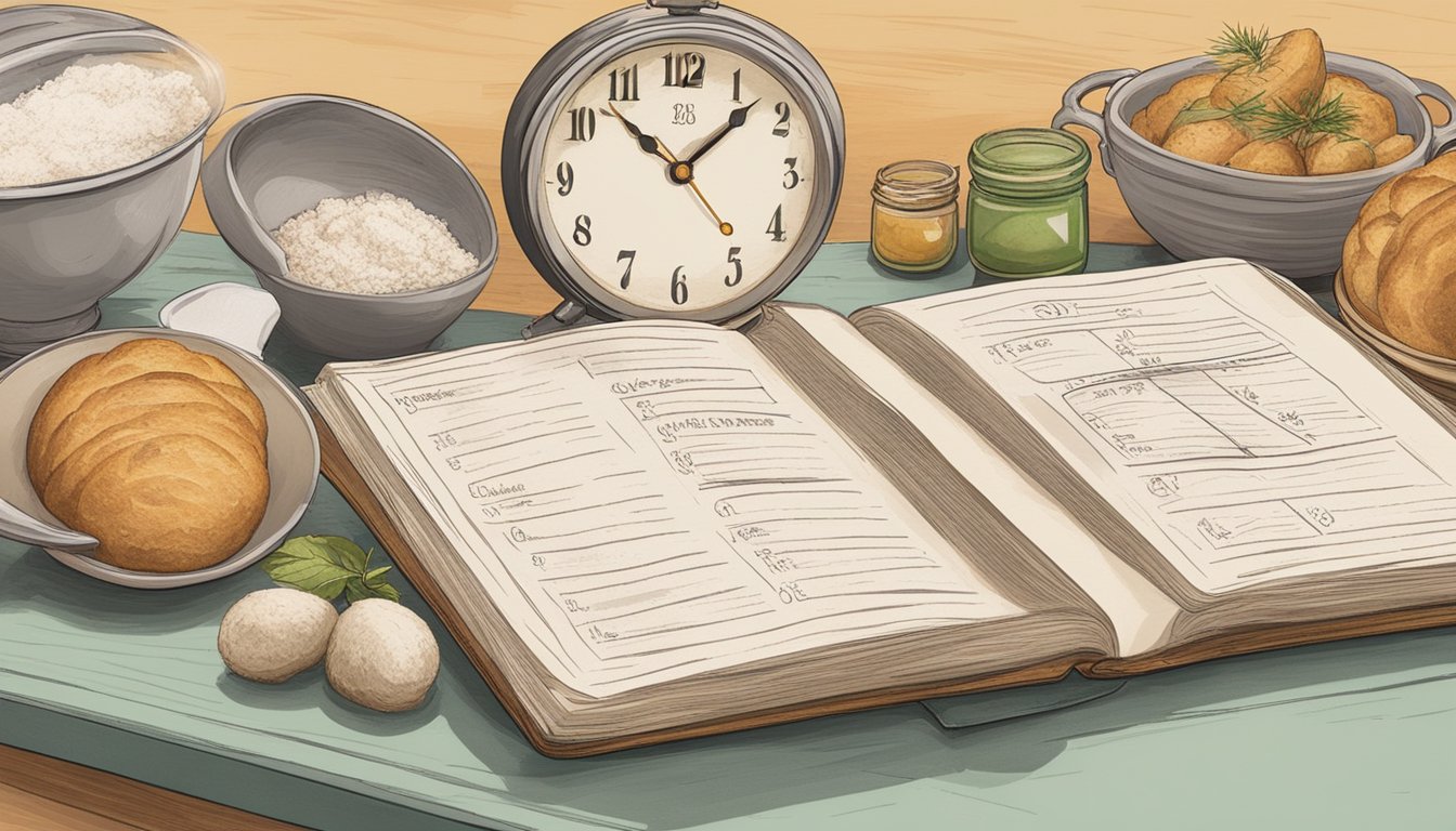 A kitchen table with various ingredients, a flour-dusted recipe book, and a clock showing different time intervals for sourdough baking