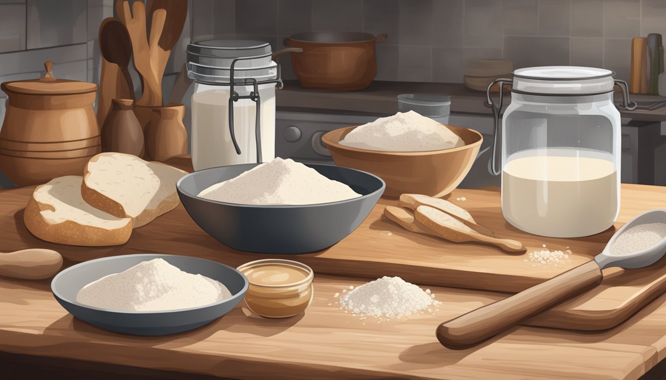 A rustic kitchen counter with a wooden cutting board, mixing bowls, flour, water, and a jar of sourdough starter. A timer sits nearby