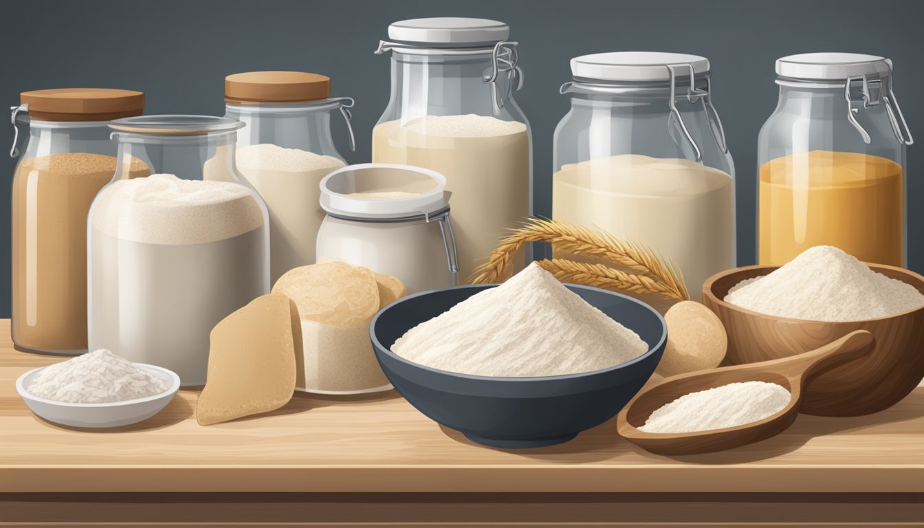 A professional kitchen with various types of flour and sourdough starter on a countertop