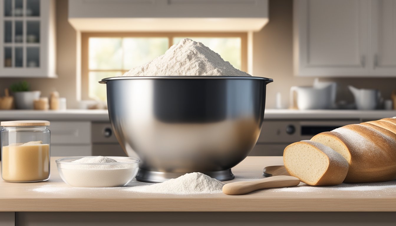 A large stainless steel mixing bowl filled with bubbling sourdough starter, surrounded by bags of flour and a wooden rolling pin on a clean, well-lit kitchen counter