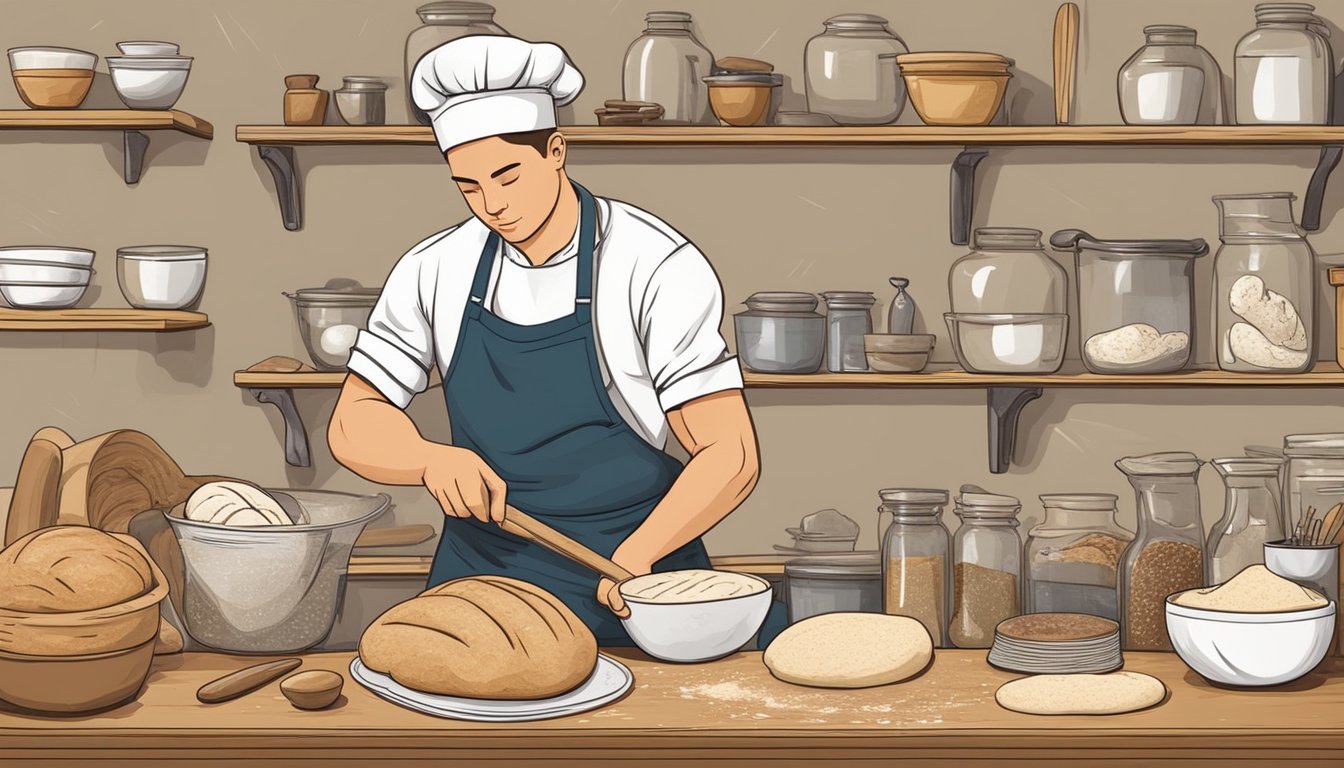 A professional kitchen with a baker kneading and shaping sourdough, surrounded by various tools and ingredients