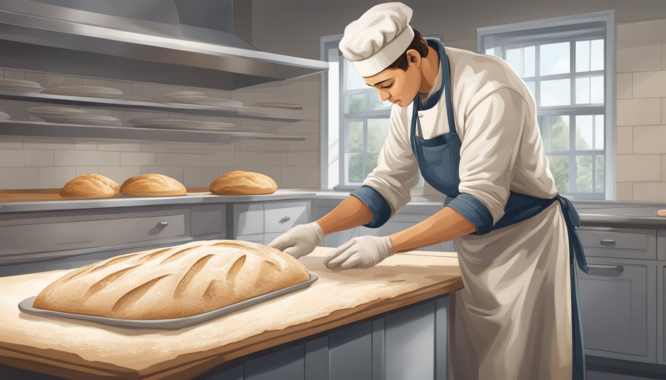 A baker shaping and proofing sourdough on a floured work surface in a professional kitchen