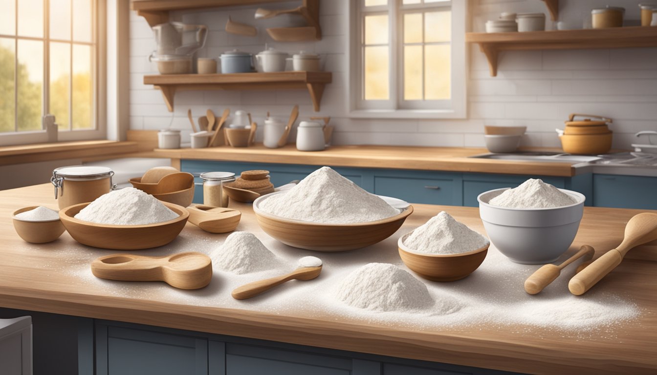 A professional kitchen with a large wooden table covered in flour, a bowl of sourdough starter, and a baker's tools scattered around