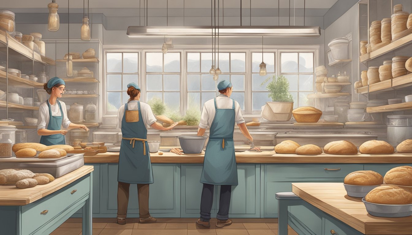 A bustling professional kitchen with sourdough starter bubbling in glass jars, flour dusting the countertops, and bakers meticulously shaping loaves