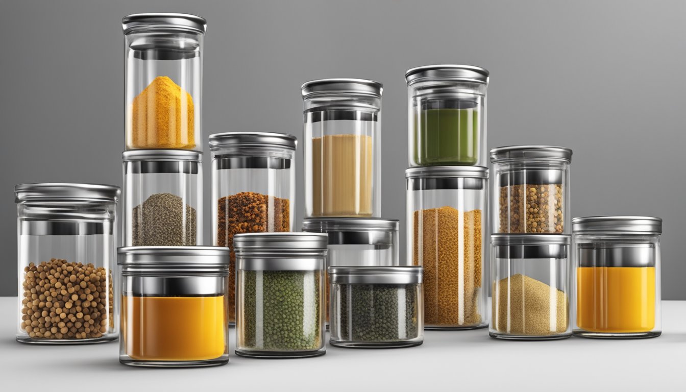 A shelf with stackable glass spice jars in various sizes, organized in a creative and efficient manner