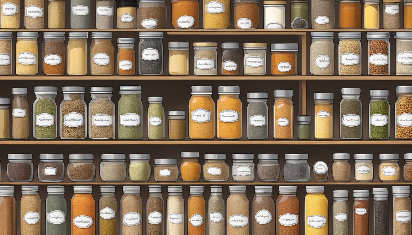 Spices neatly arranged in labeled jars on a wall-mounted magnetic spice rack. A pull-out drawer with tiered shelves holds additional spice containers. A rotating carousel spice rack sits on the countertop