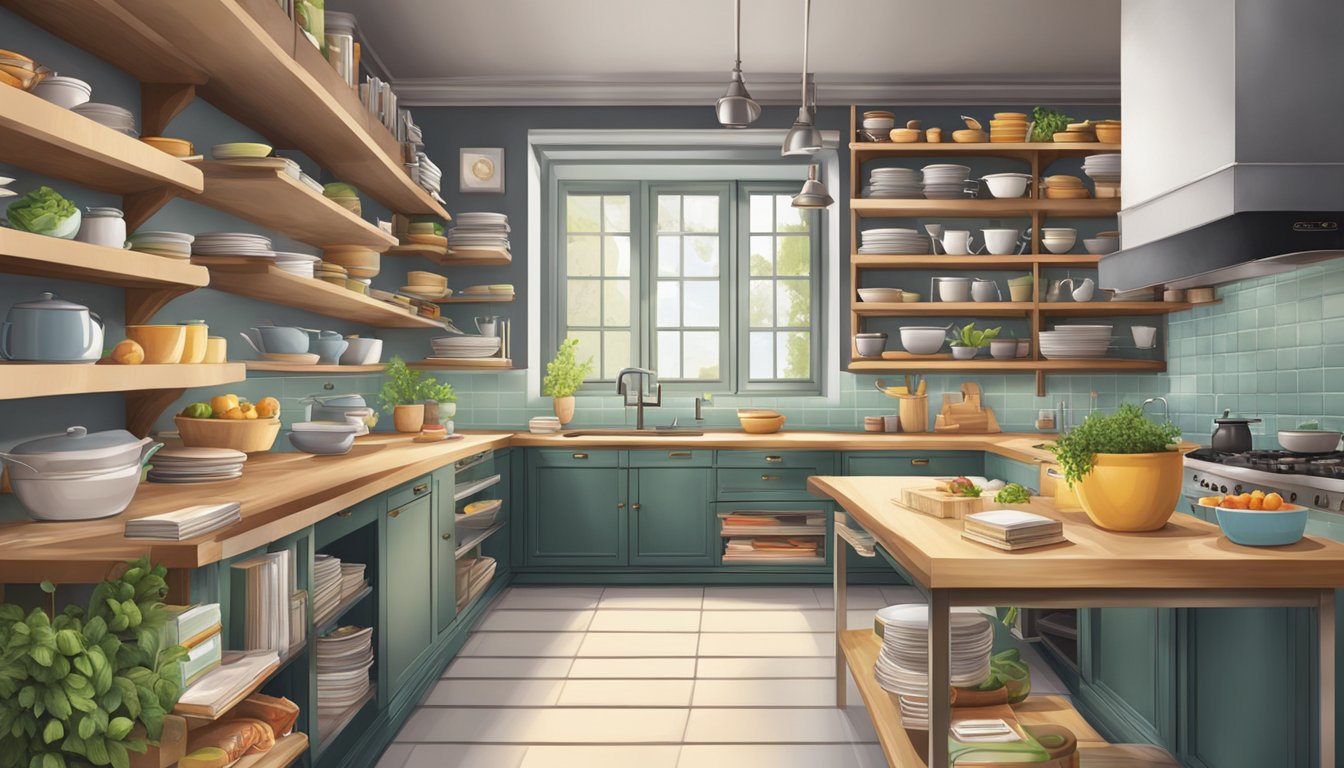 A kitchen with shelves of cookbooks organized by cuisine