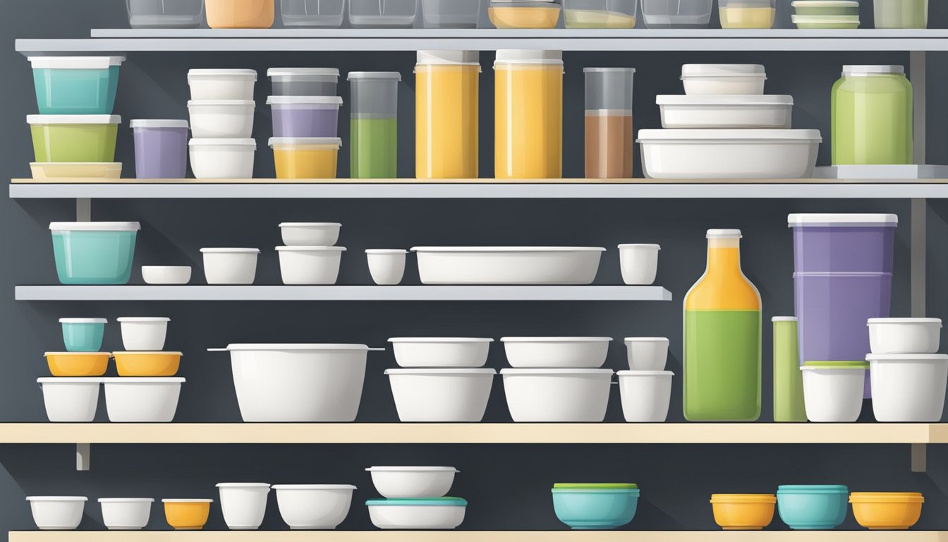 A kitchen shelf filled with nesting storage containers of various sizes, neatly stacked to maximize vertical space