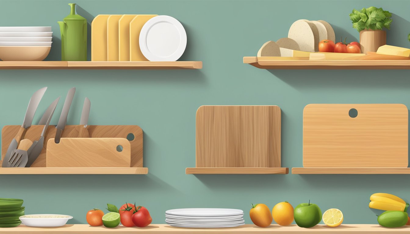 A wall-mounted rack holds various cutting boards in a neat and organized manner