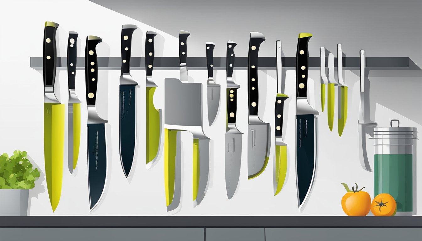 A sleek, wall-mounted knife rack holds an assortment of knives in a modern kitchen setting