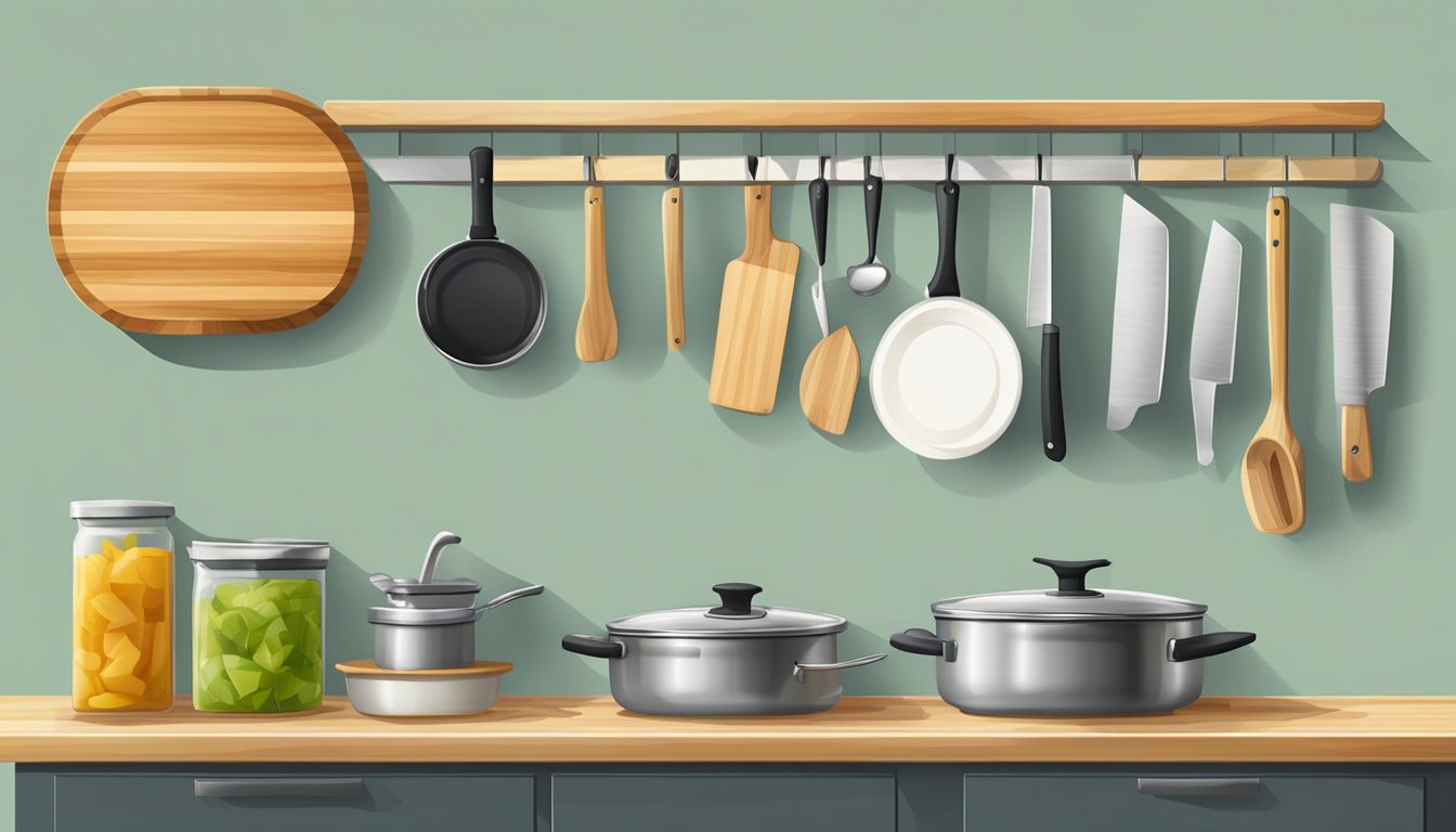 A kitchen counter with various cutting boards stored in different ways, such as hanging on hooks, standing upright in a rack, or tucked away in a drawer