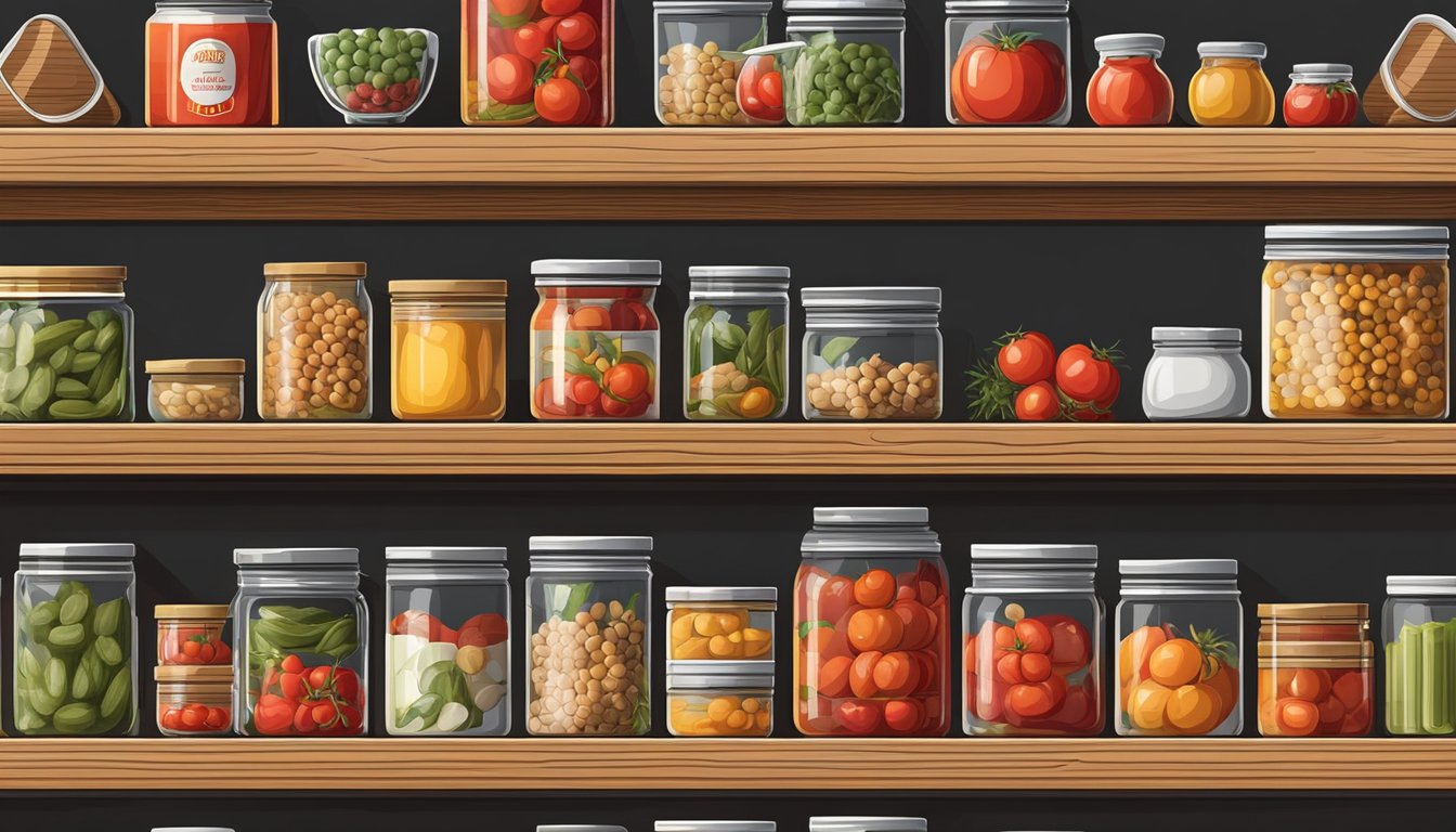 A pantry shelf with neatly organized canned tomatoes and other staple items, all stored in a stable temperature environment for long-lasting freshness