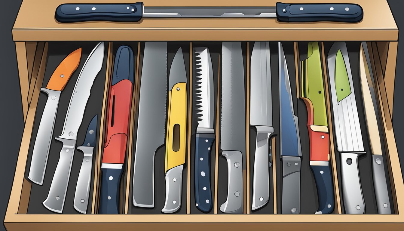 A knife drawer insert with various compartments and slots to neatly organize and store a collection of knives