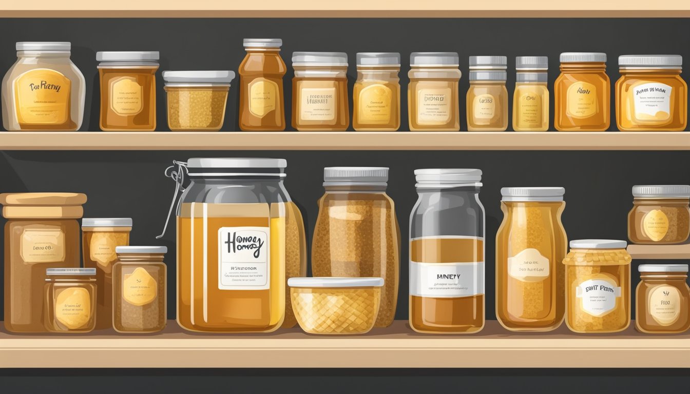 A jar of honey tightly sealed next to 10 pantry staples in a well-organized pantry, with proper storage containers and labels for long-lasting freshness