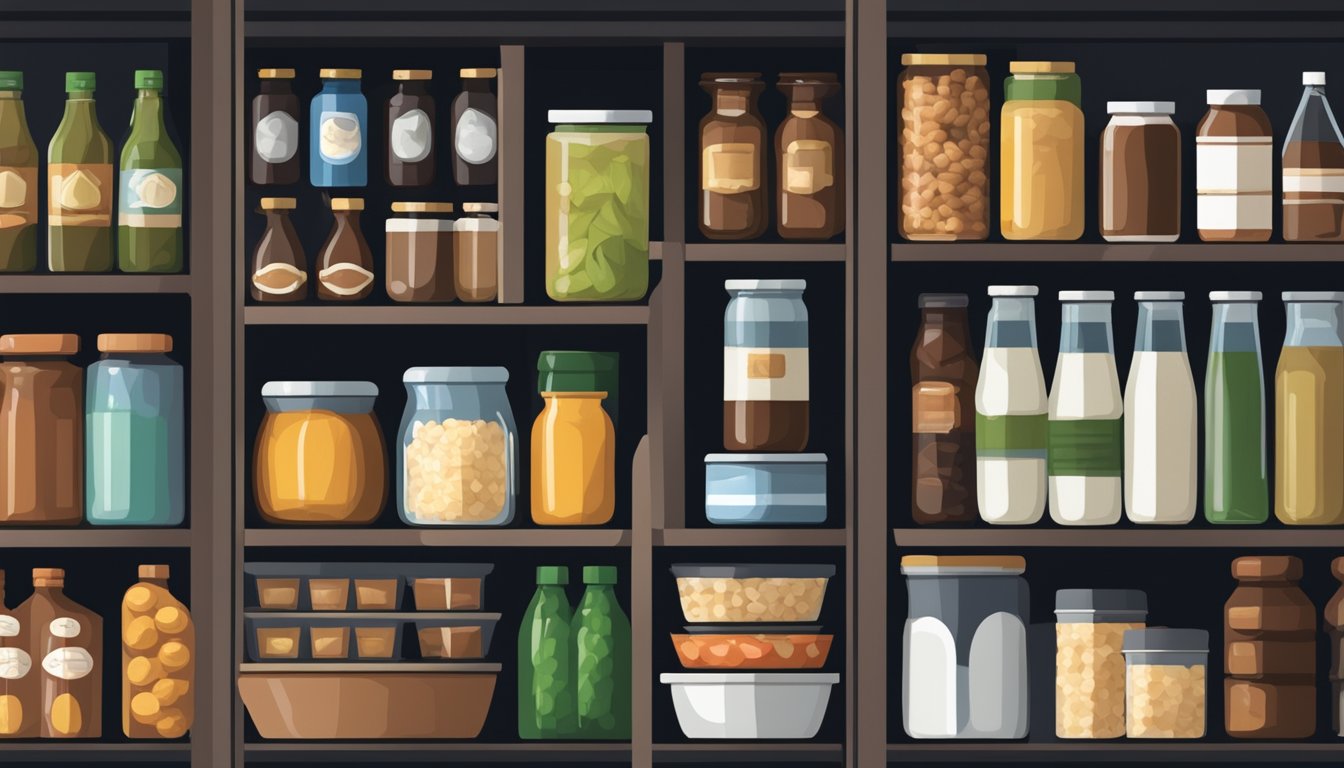 A dark, cool pantry with shelves lined with various pantry staples like vinegar, rice, and canned goods. The vinegar is stored in a dark glass bottle to protect it from light