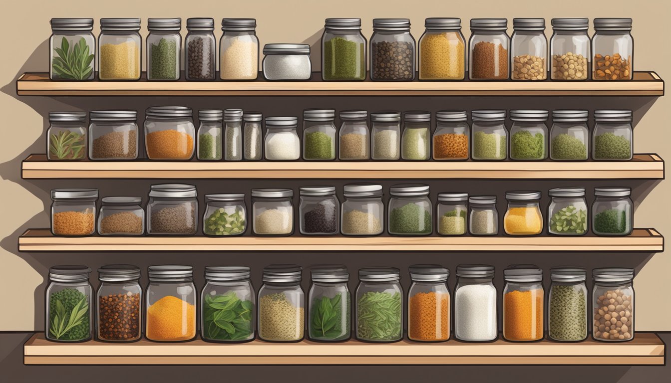 A shelf filled with airtight jars of herbs and spices, neatly organized and placed away from any sources of heat to maintain freshness