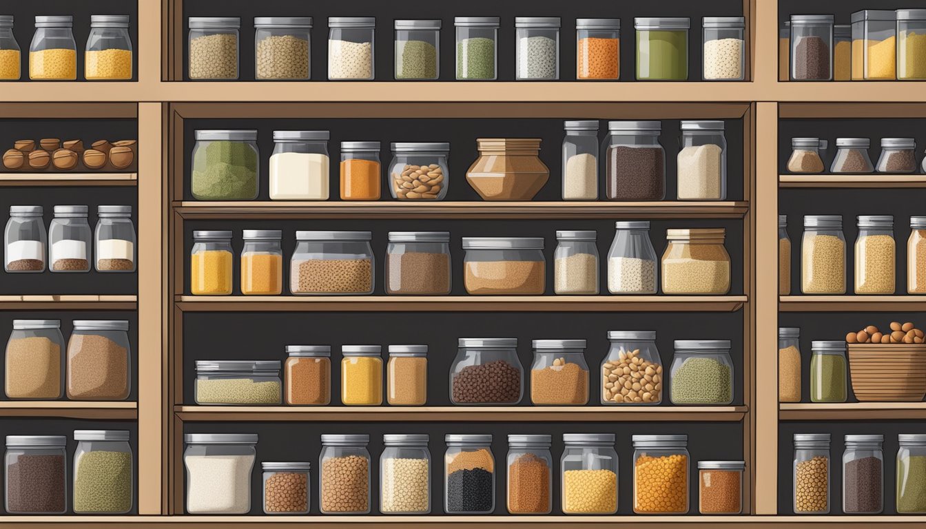 A well-organized pantry with labeled containers of staple foods, such as grains, beans, and spices, stored in a cool, dry place