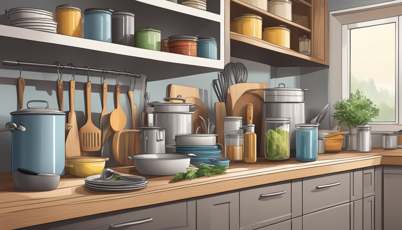 A kitchen counter with neatly organized utensils, cookware, and pantry items ready for donation