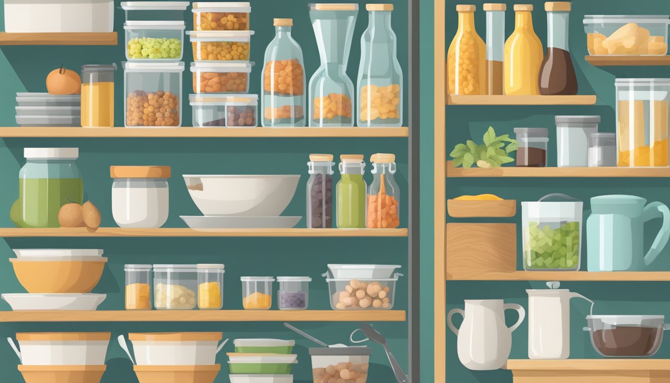 Pantry items neatly arranged in labeled boxes, surrounded by kitchen tools and utensils