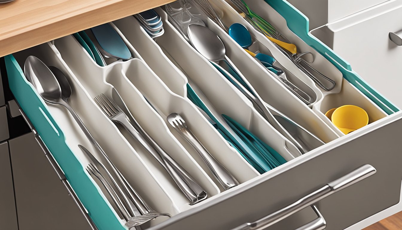 A cluttered kitchen drawer is transformed with the help of the mDesign Plastic Silverware Drawer Organizer and nine other essential organizers