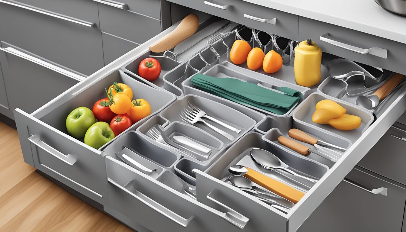 A kitchen drawer is neatly organized with the Spectrum Diversified Grid Drawer Organizer and various other organizers for utensils, gadgets, and other kitchen essentials