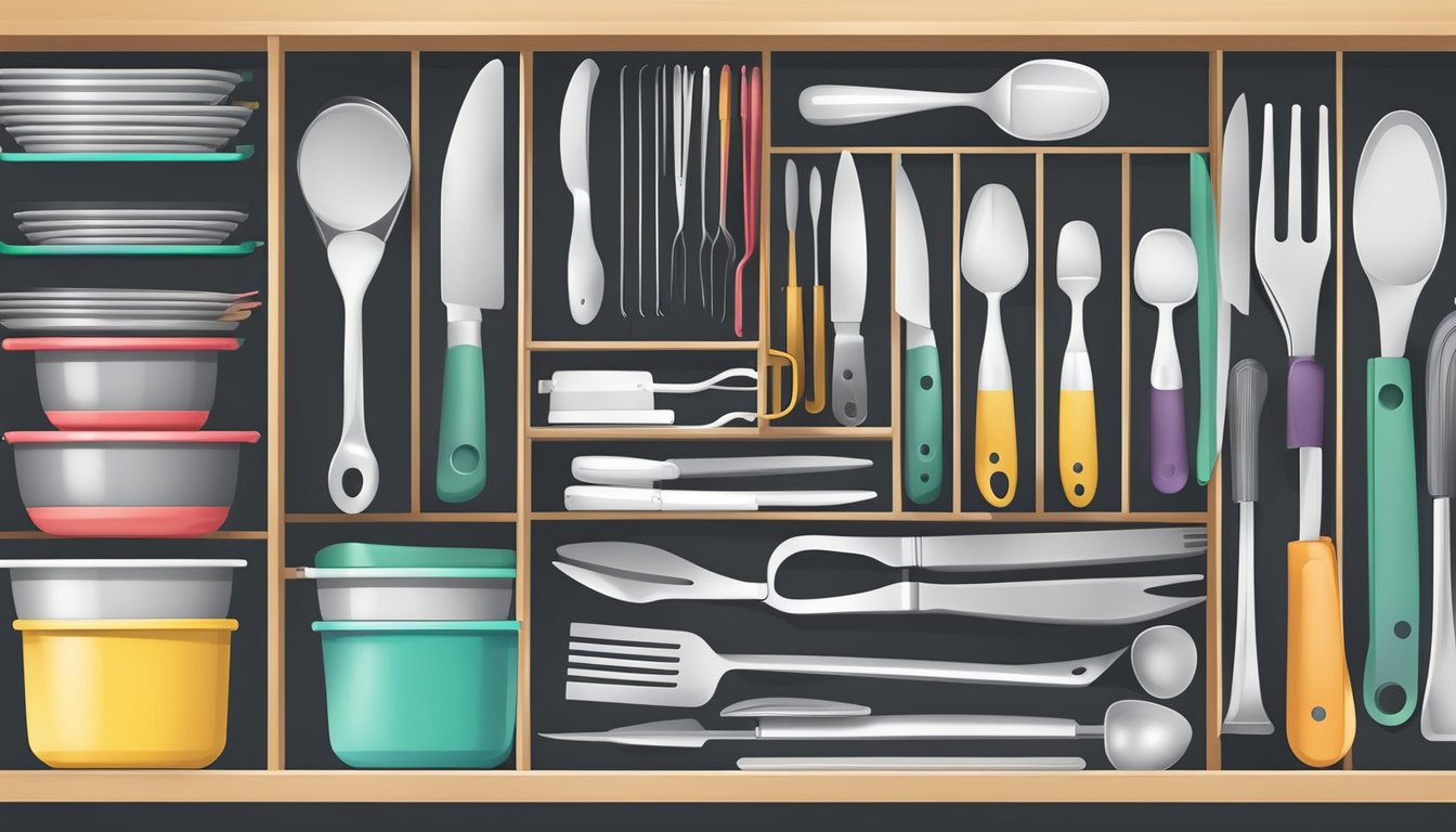 A neatly organized kitchen drawer with various organizers for utensils, cutlery, and other kitchen tools