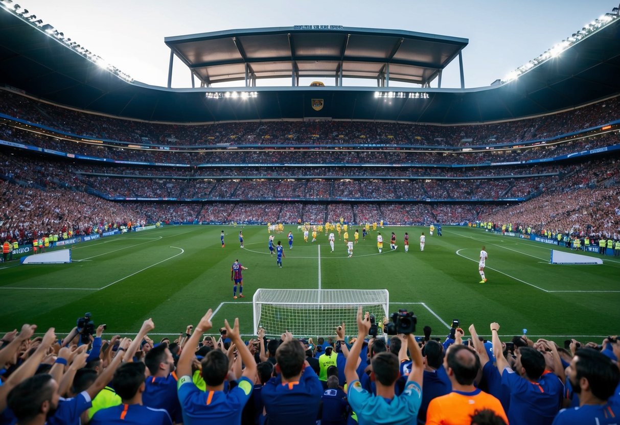 Sebuah stadion yang penuh dengan penggemar yang bersorak dan pemain di lapangan sepak bola selama pertandingan La Liga