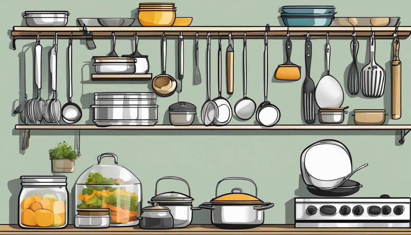 A kitchen with hanging racks for pots, pans, and utensils, organized with labeled jars and containers