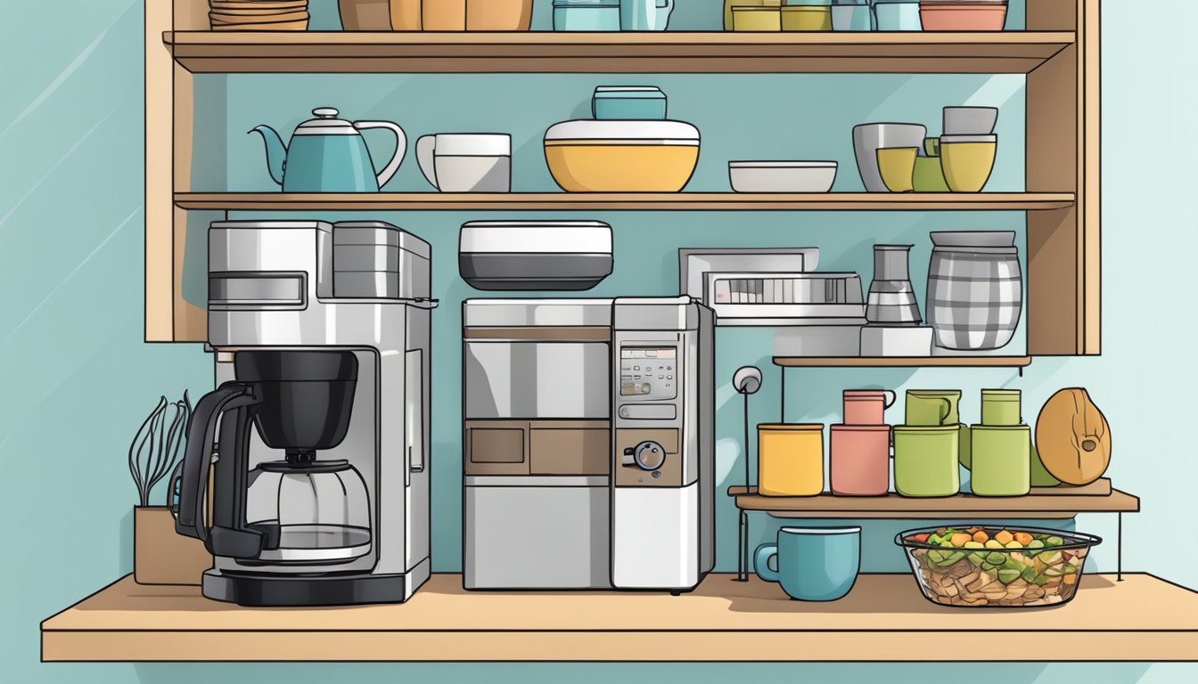 A tidy kitchen shelf with an undershelf basket holding small appliances