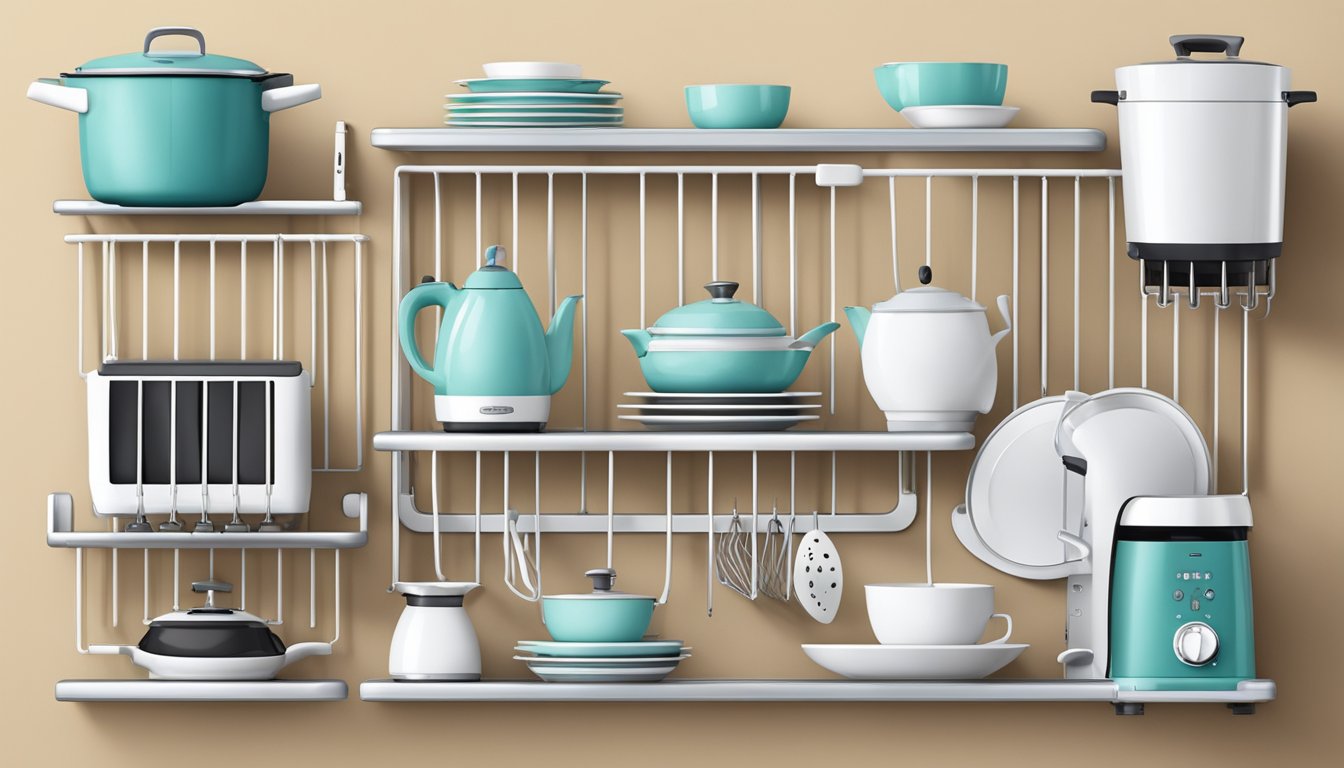 A wall-mounted drying rack holds various small kitchen appliances in a tidy and organized manner