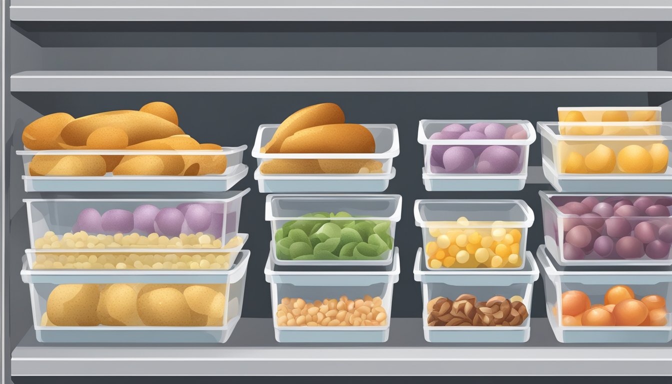 Stackable bins neatly arranged in a freezer, labeled with various food items